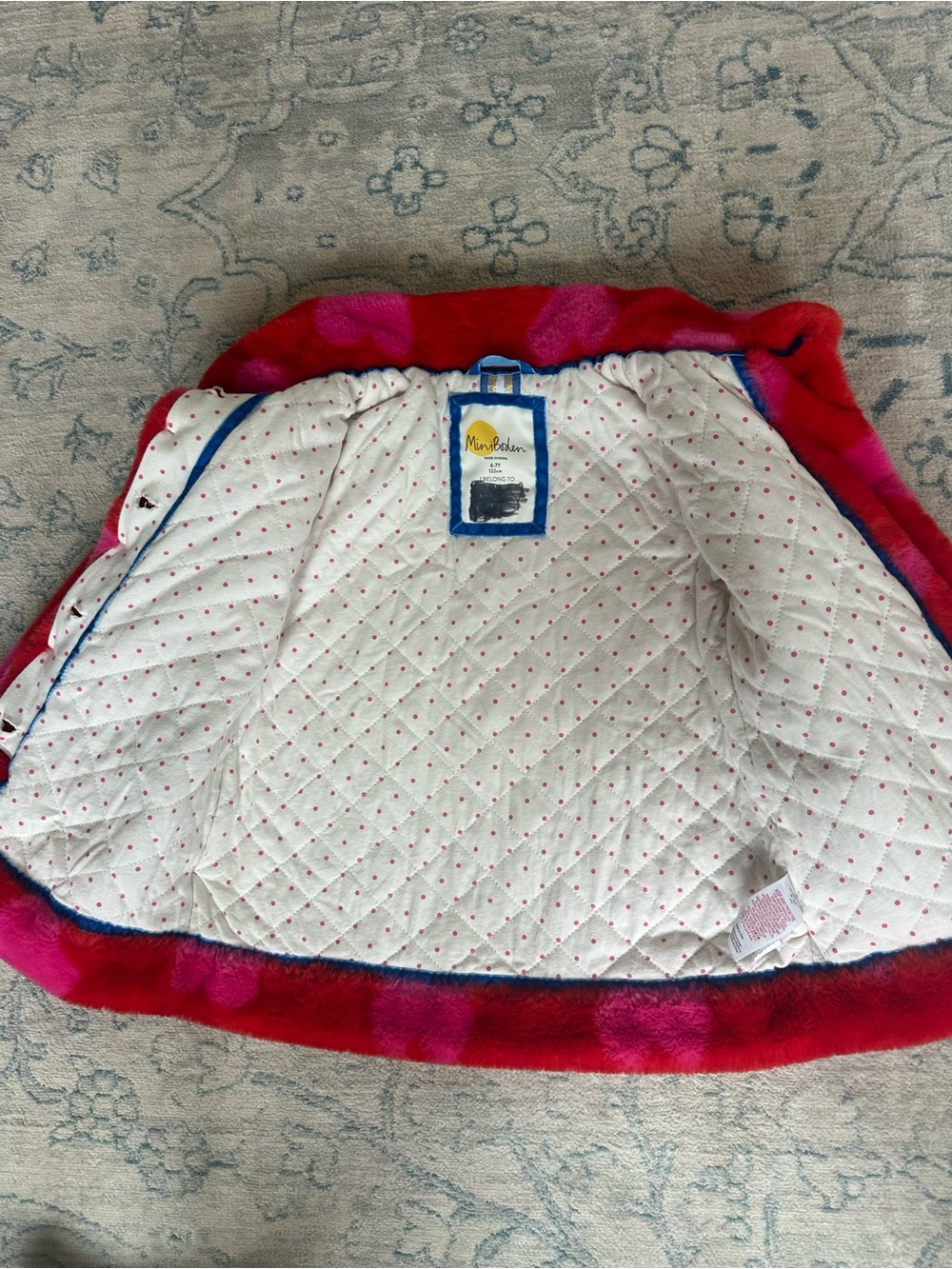 Mini Boden Faux Fur Heart Coat Girls 6-7Y Red Pink Warm Coat - Picture 8 of 10